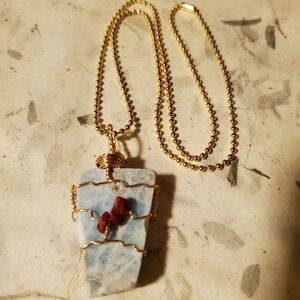 Handmade Wire Wrapped Larimar Crystal Necklace With Coral Bead
